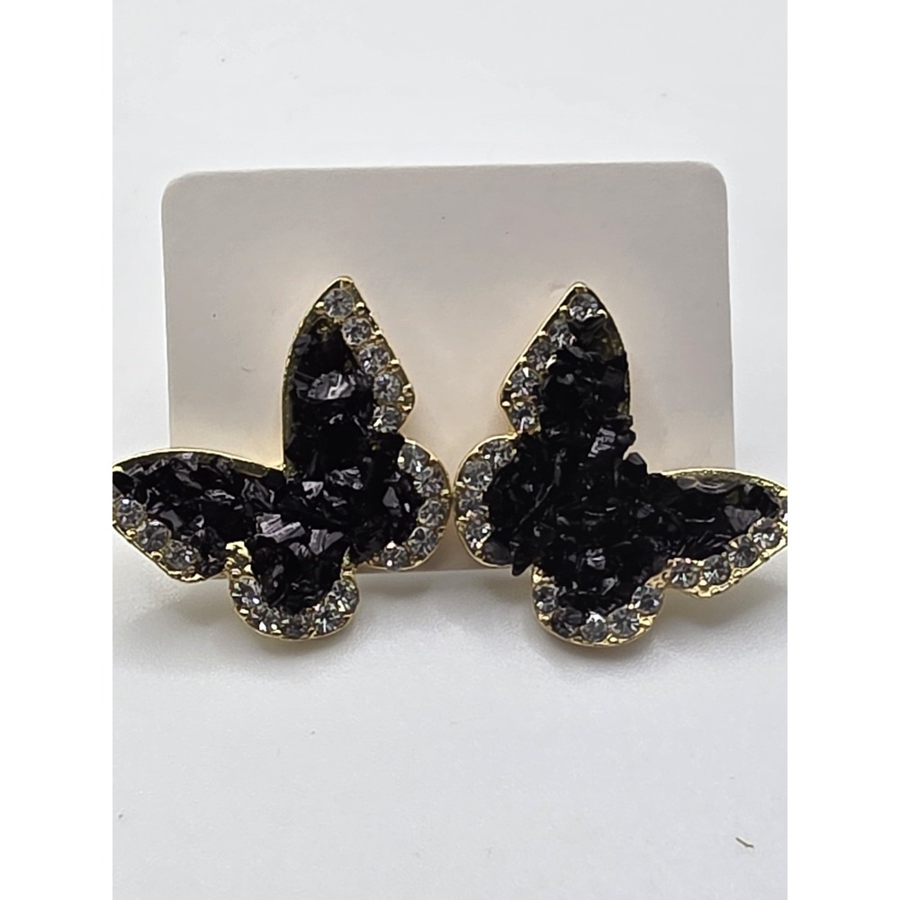 Black Butterfly Design Shiny Rhinestone Decor Stud Earrings